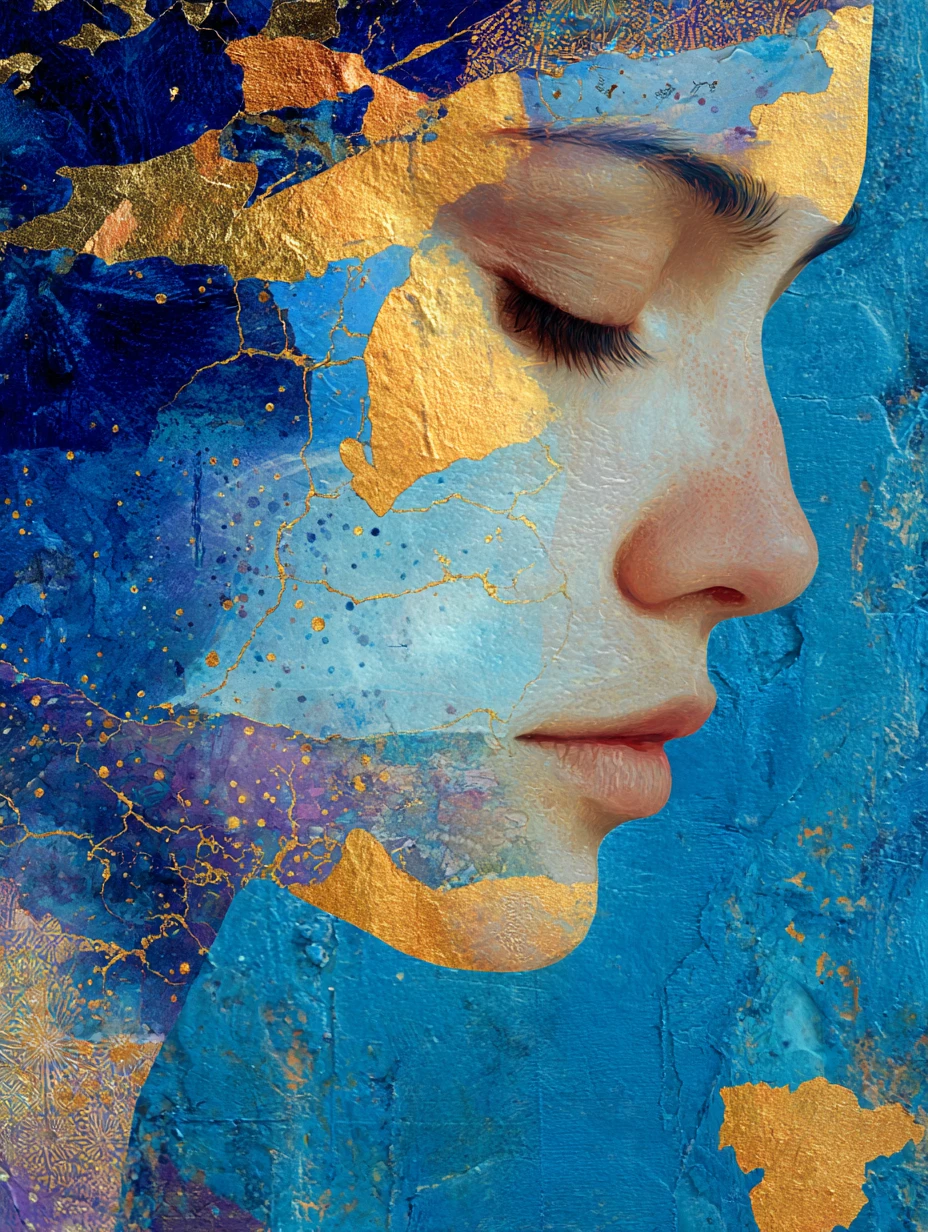 Amantes surreais inspirados em kintsugi em abstração mística colorida