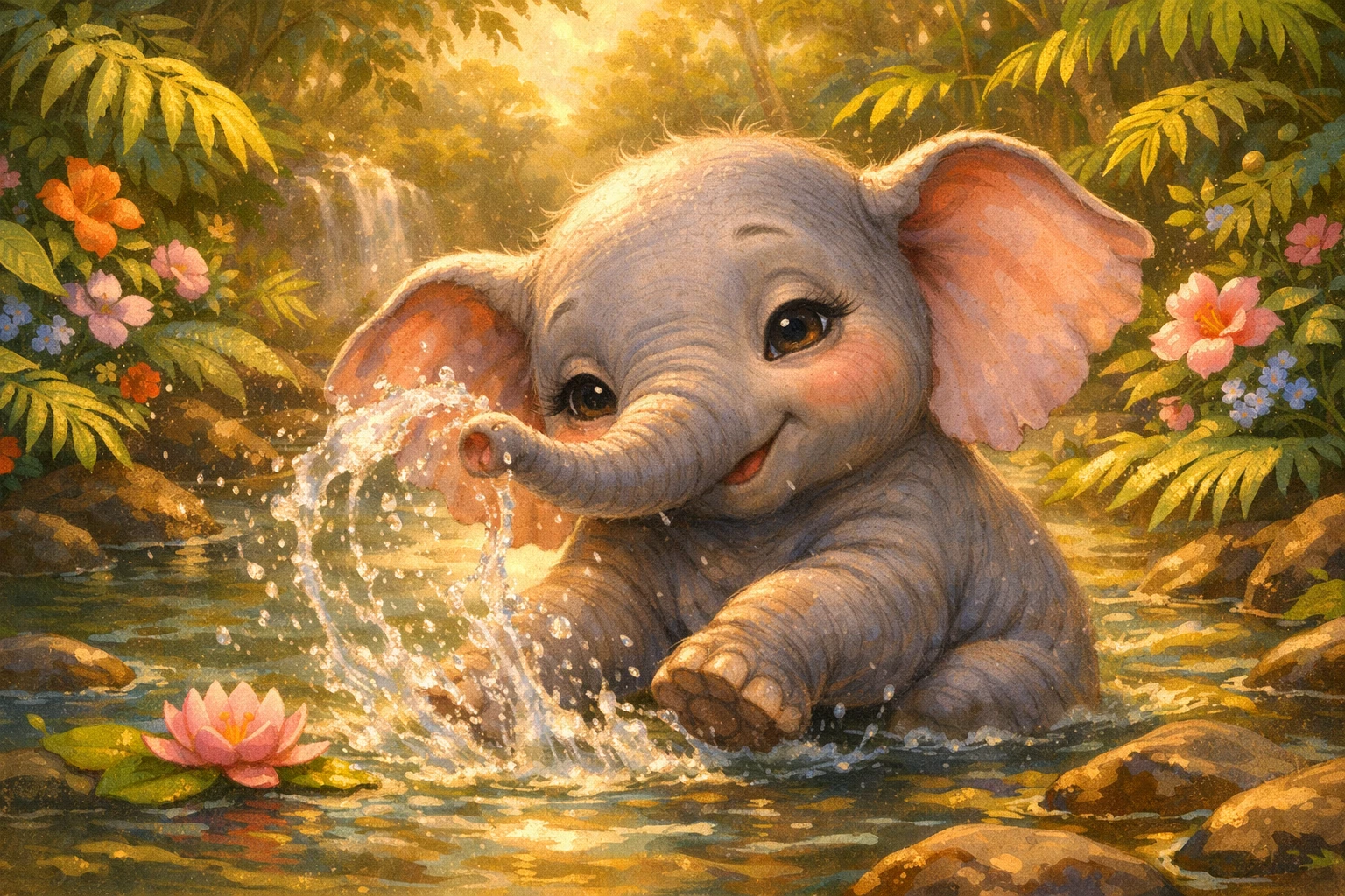Bébé éléphant qui éclabousse dans une rivière ensoleillée de la jungle