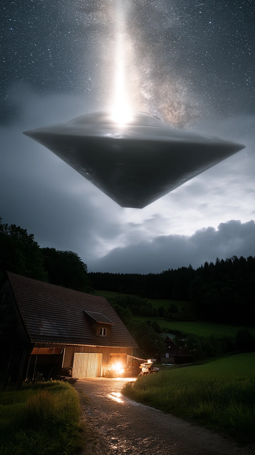 OVNI con luces estroboscópicas sobre el cielo nocturno rural francés
