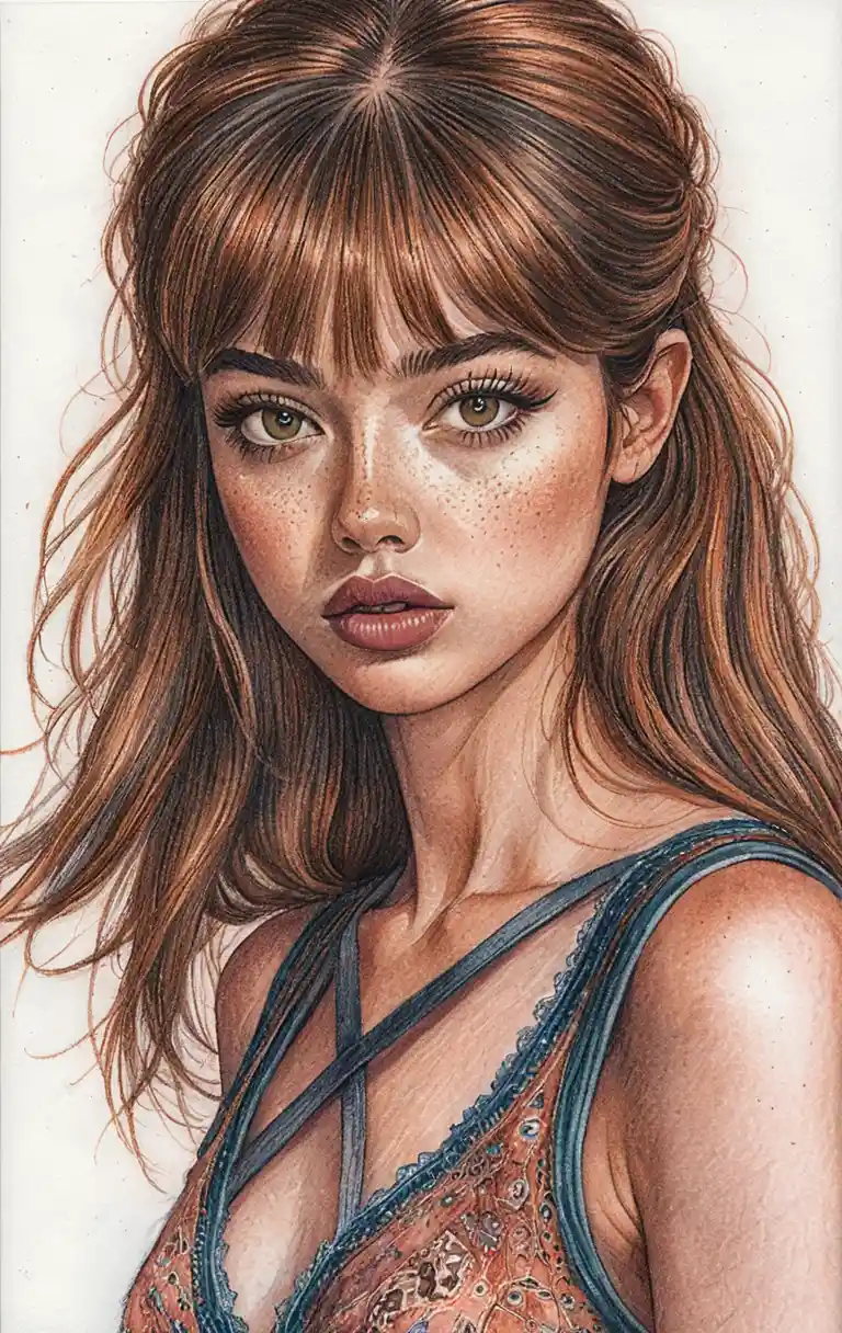 Portrait aux crayons de couleur d’une fille aux taches de rousseur sur papier