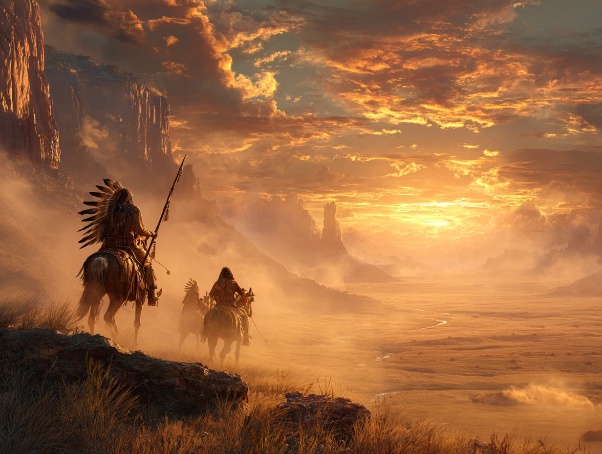 Guerreros nativos americanos observan a jinetes al atardecer dorado