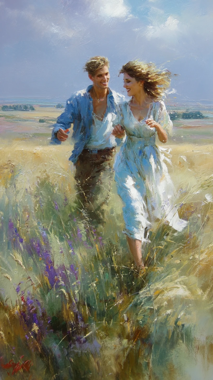 Casal correndo por um prado de verão iluminado em pintura a óleo suave