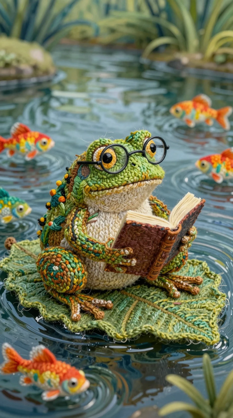 Sapo pensativo com livro sobre uma folha tricotada no rio