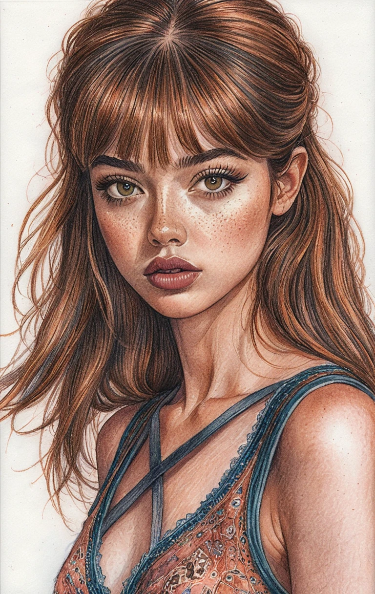 Retrato a lápis de cor de uma garota sardenta no papel