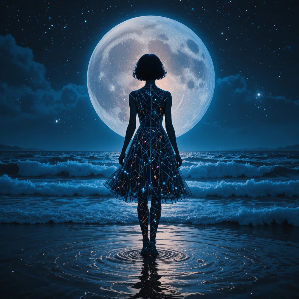 Silhueta surreal de uma mulher sob uma lua cósmica brilhante