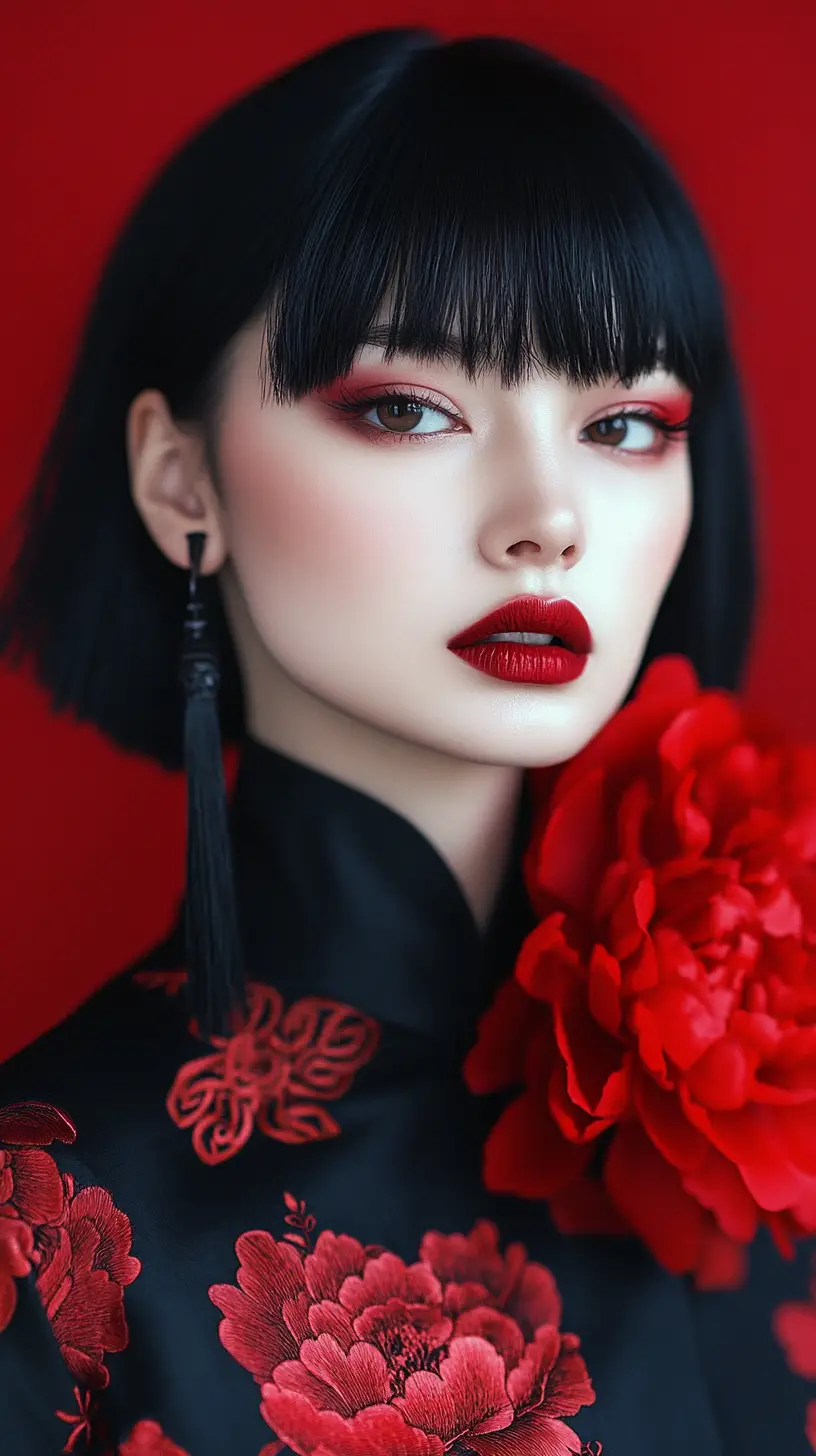 Elegante Frau im schwarzen Cheongsam mit roten Pfingstrosen-Details