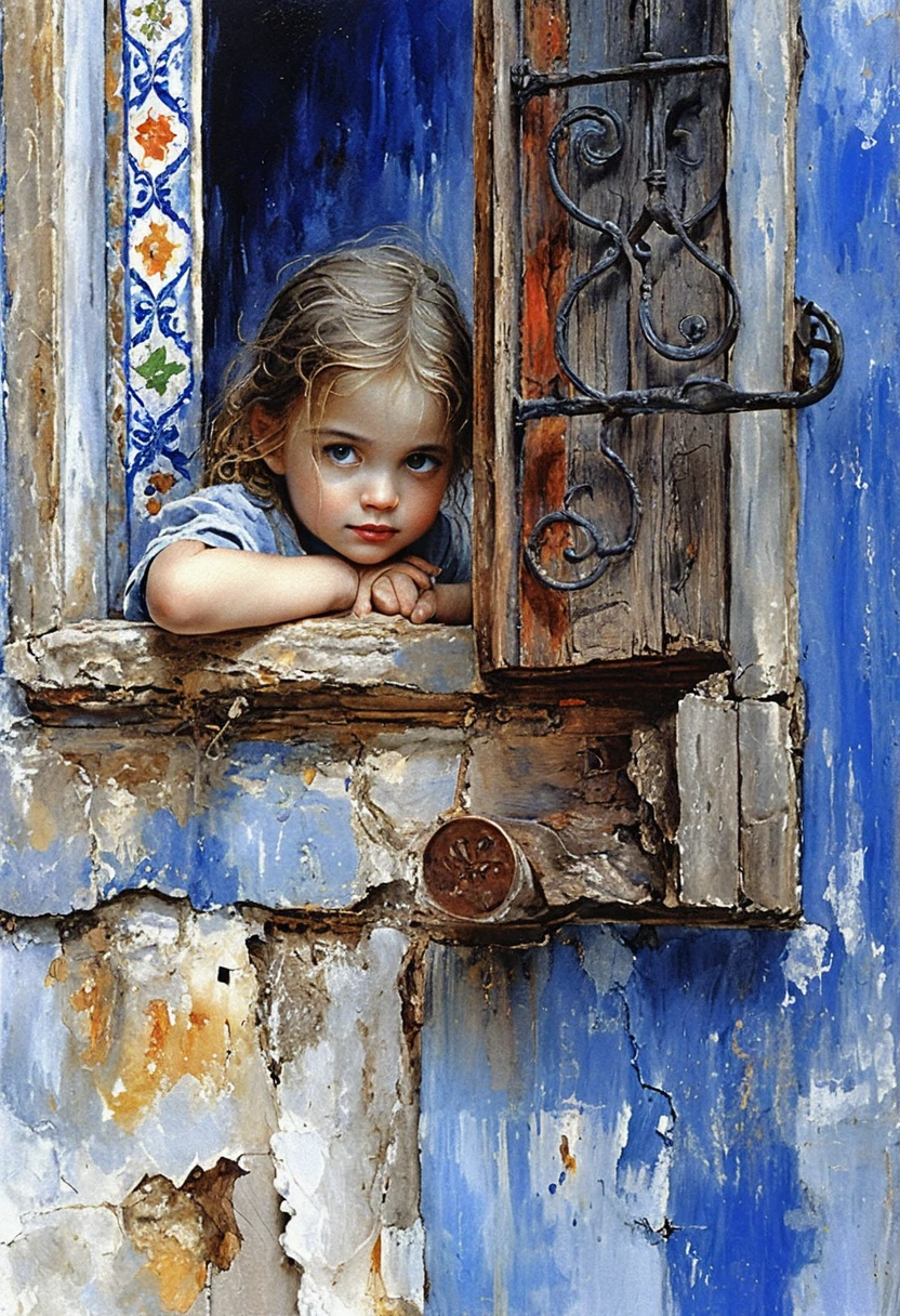 Young child gazing from rustic window in oil painting