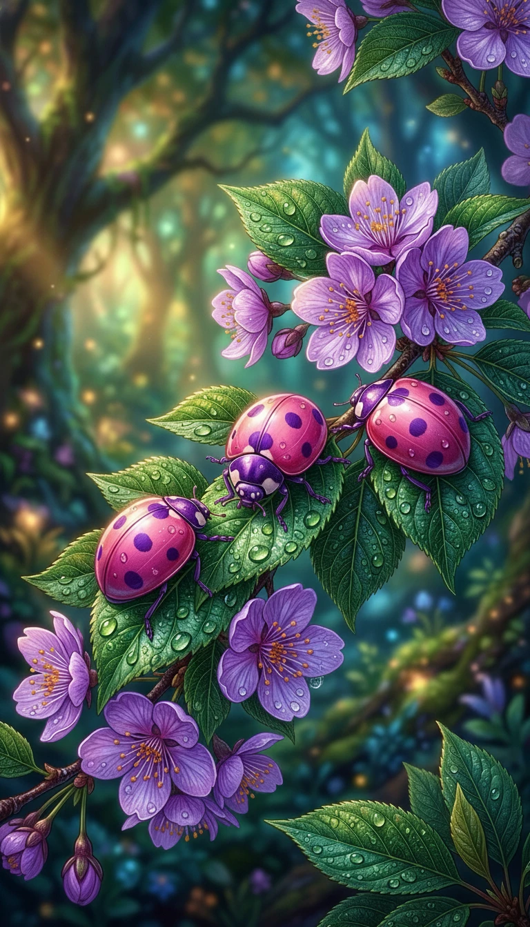 Coccinelle rosa su foglie verdi e fiori di ciliegio viola