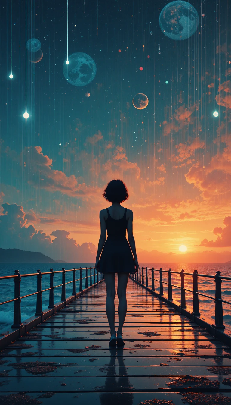 Silhouette di ragazza glitch su un molo al tramonto cosmico