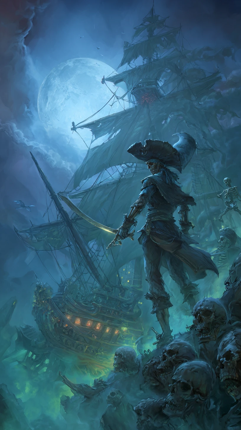 Capitaine pirate mort-vivante sur navire fantôme sous la pleine lune