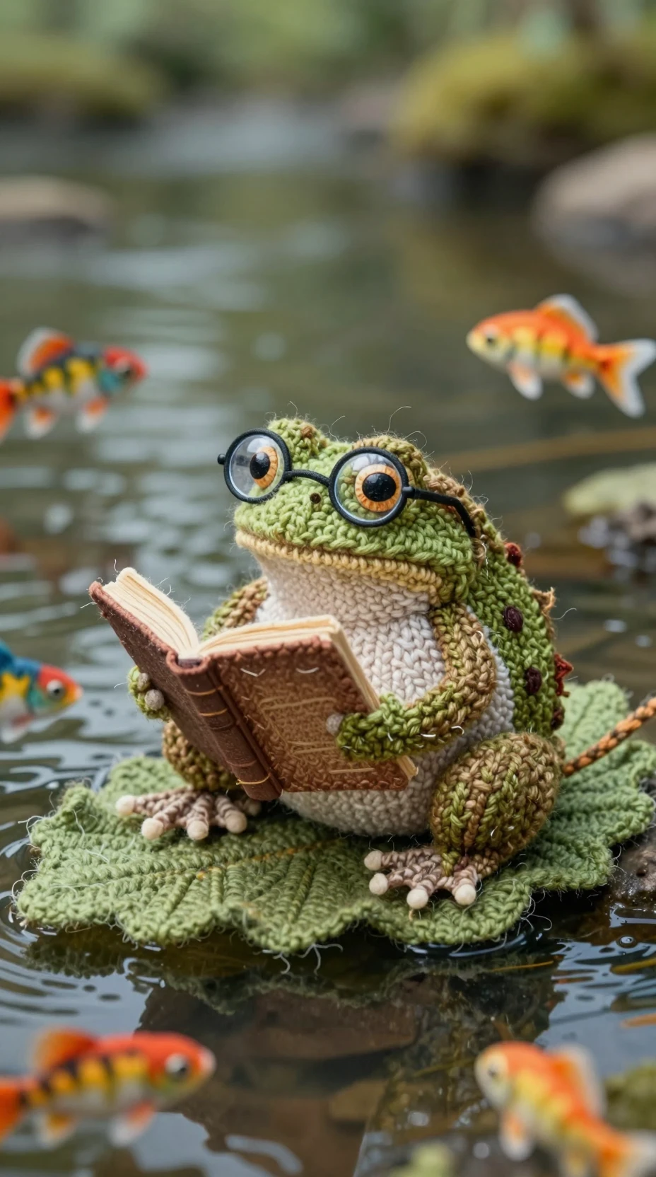 Grenouille pensive avec livre sur une feuille dans une scène de rivière textile