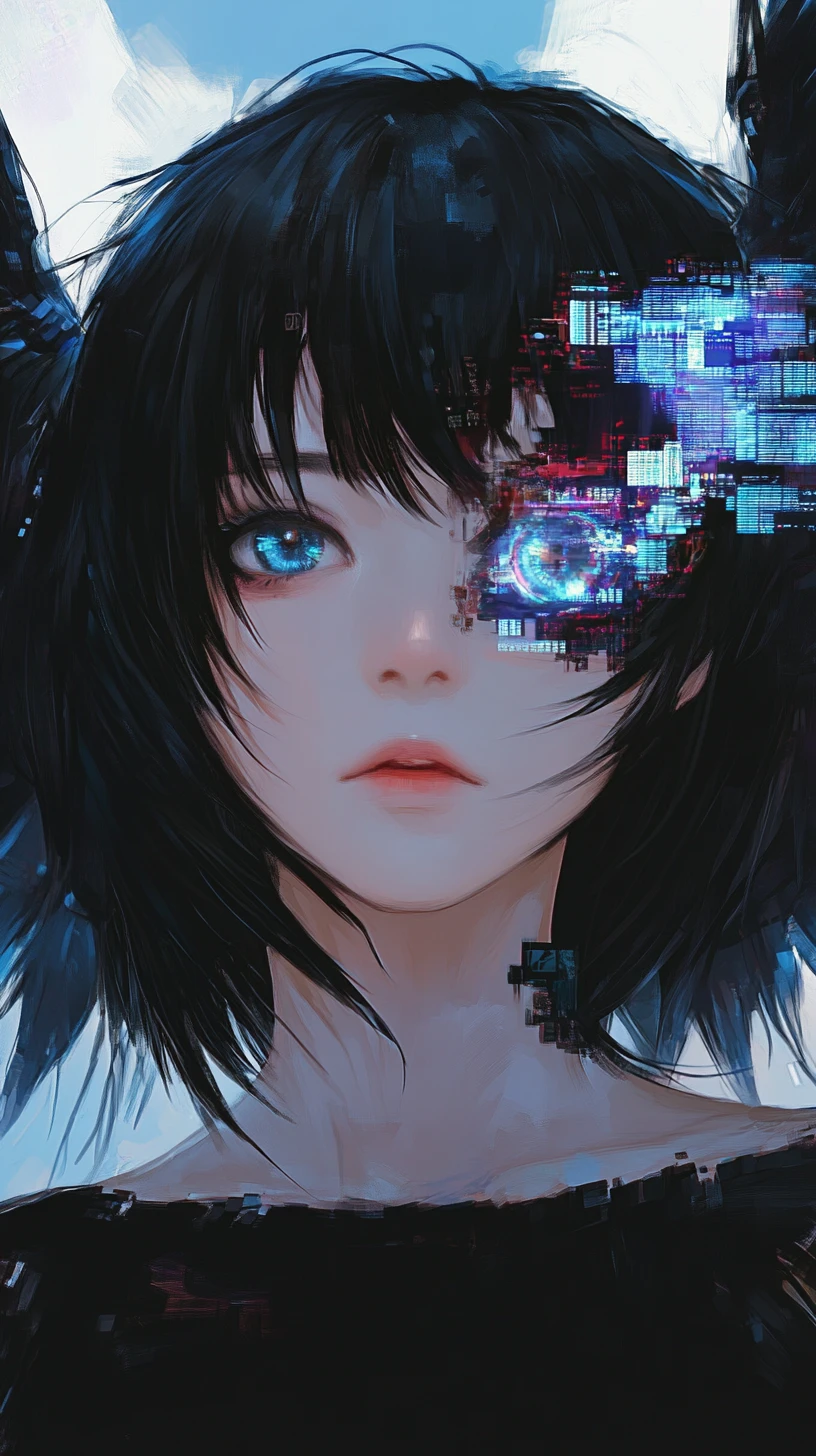 Garota de anime com asas em glitch contra um céu digital azul