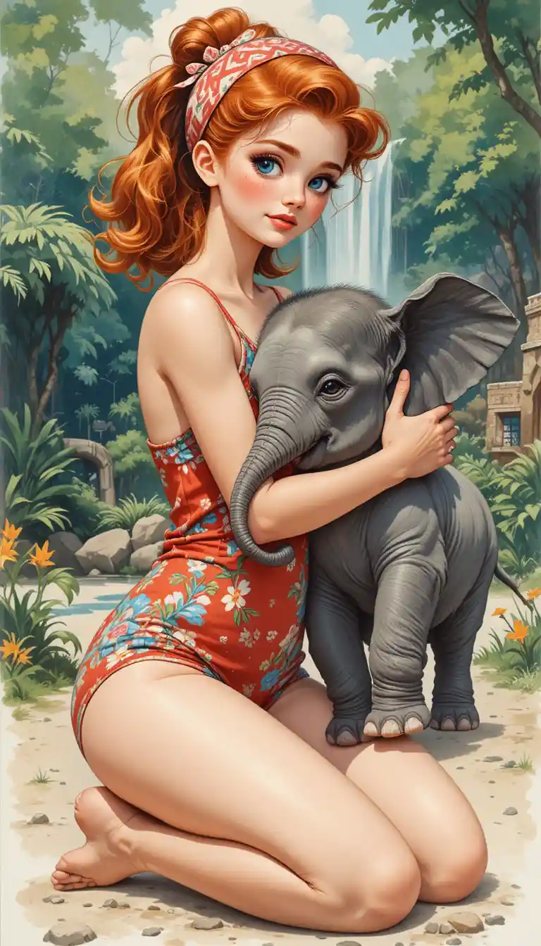 Ragazza lentigginosa degli anni ’50 che abbraccia un cucciolo di elefante allo zoo