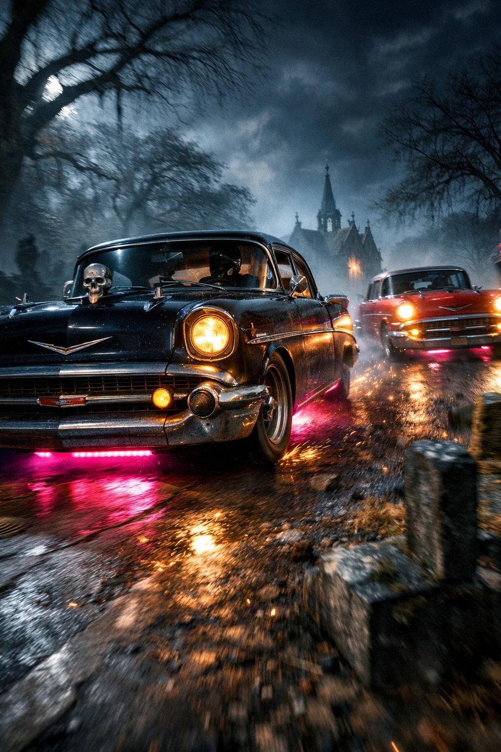 Corrida noturna cinematográfica entre carros clássicos em um cemitério enevoado