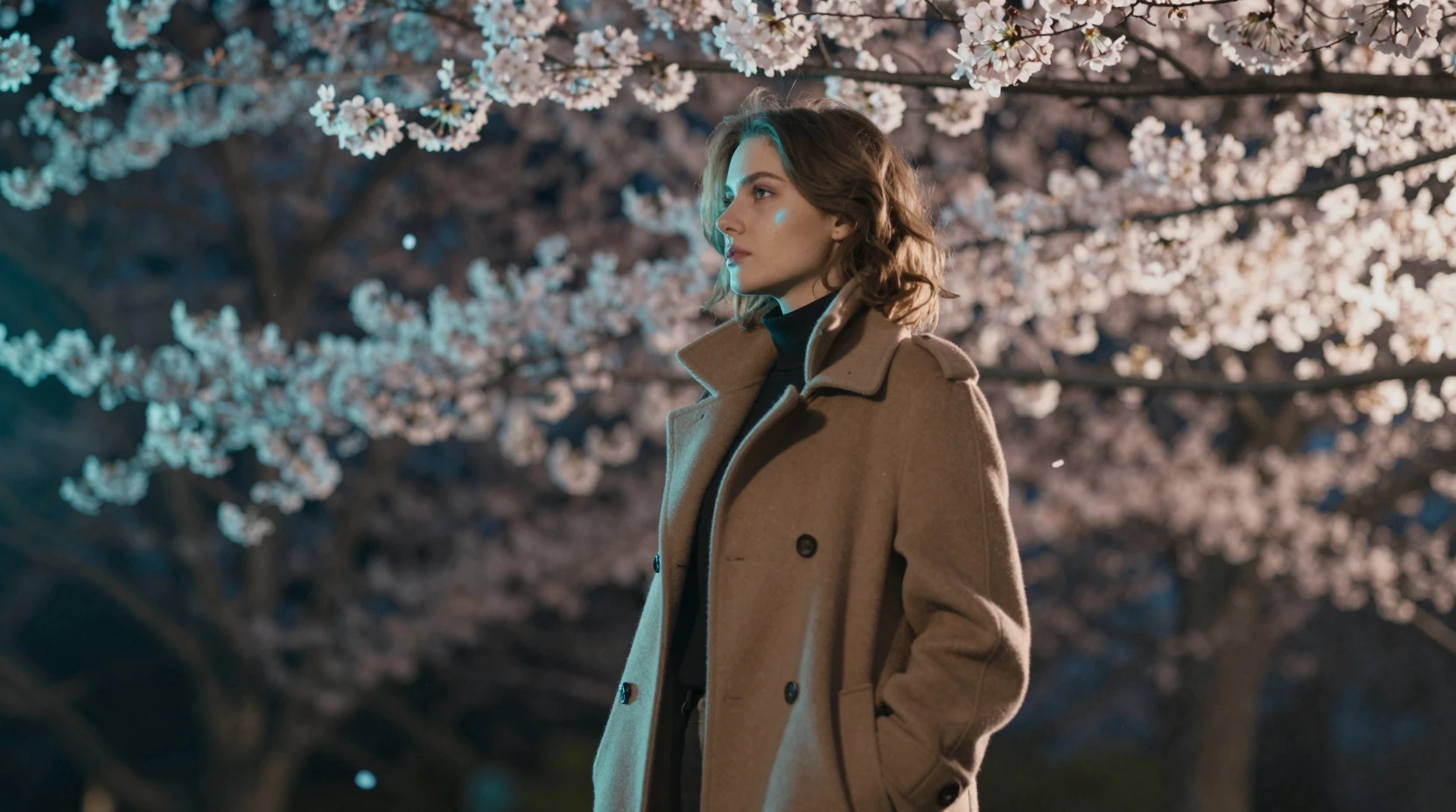 Jovem mulher entre pétalas de cerejeira caindo com luz cinematográfica