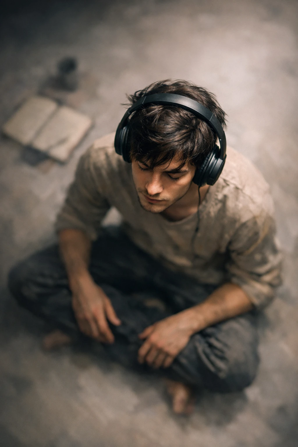Homem introspectivo ouvindo fones de ouvido visto de cima