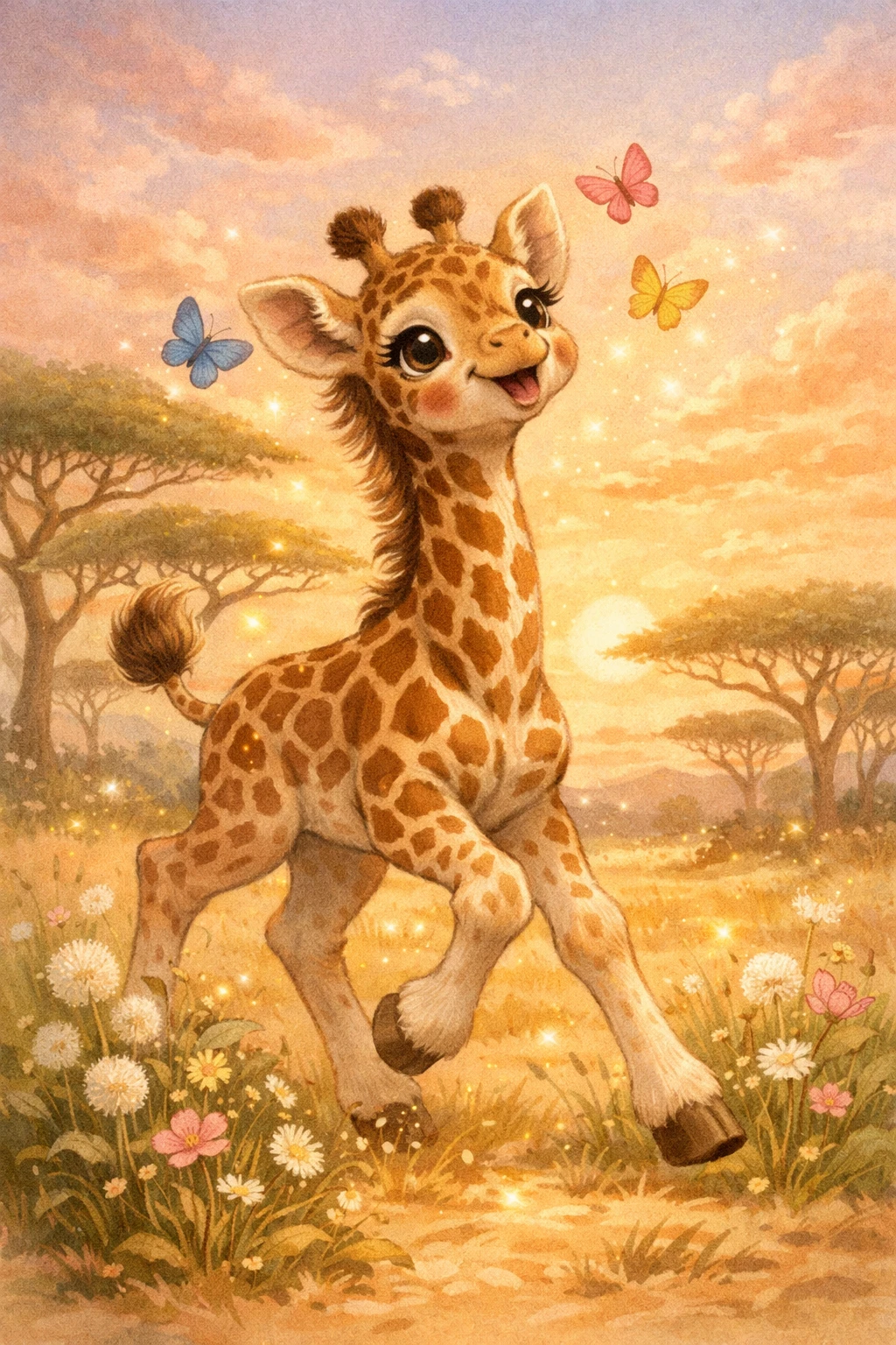 Cute baby giraffe exploring the golden savanna at sunset