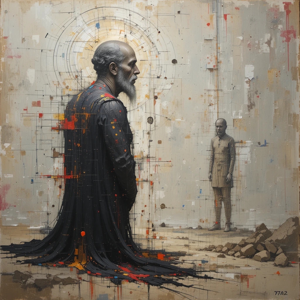 Abstraktes Impasto-Gemälde mit dezenten spirituellen Figuren
