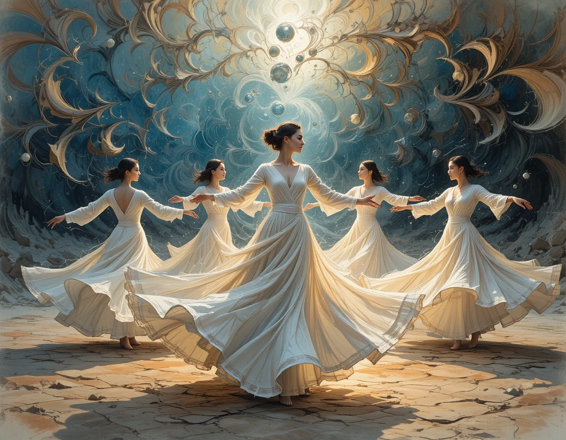 Whirling dervishes in flowing robes under surreal glowing patterns