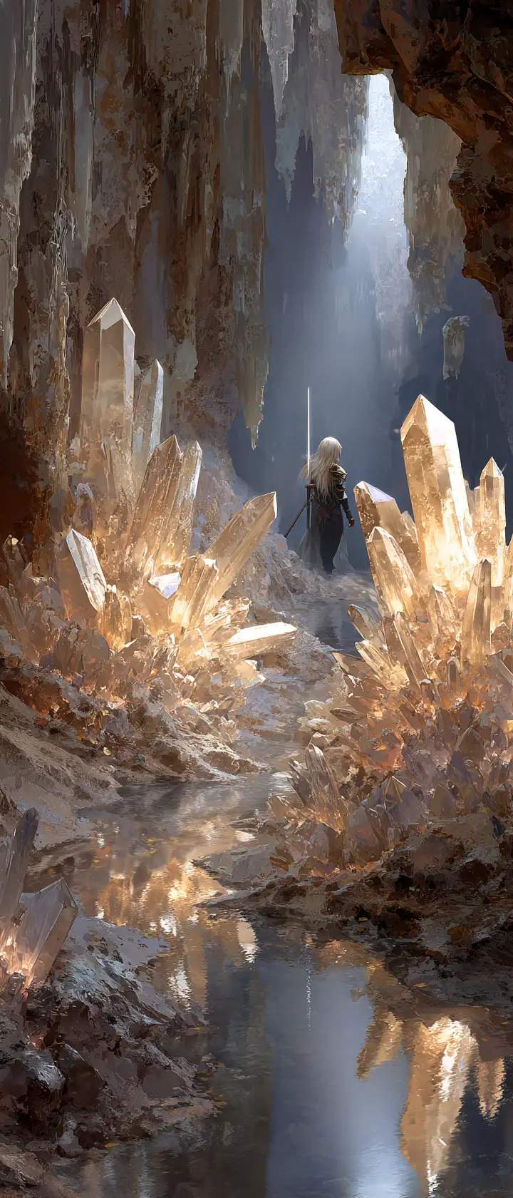 Guerrier aux cheveux platine explorant une grotte de cristaux lumineux