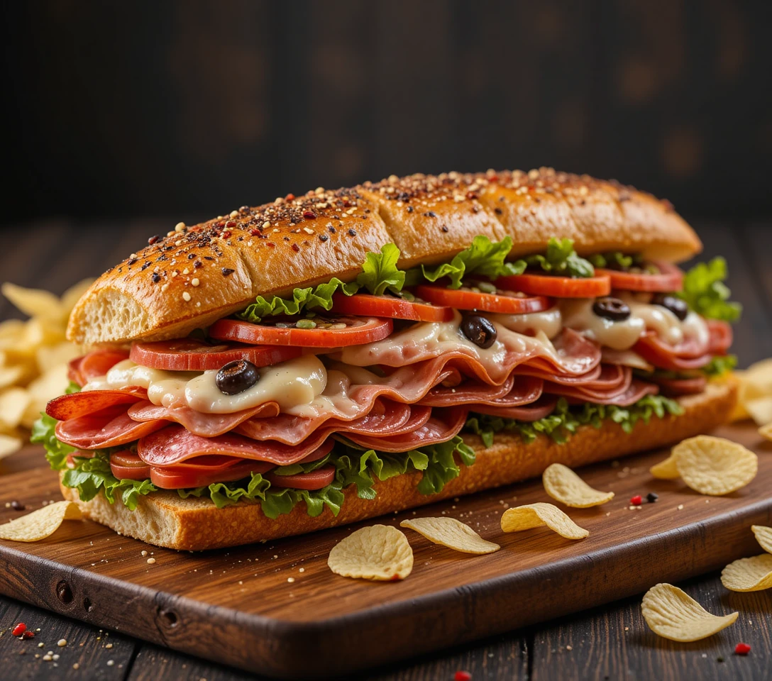 木製ボードにポテトチップスを添えたイタリアンサブサンドイッチ