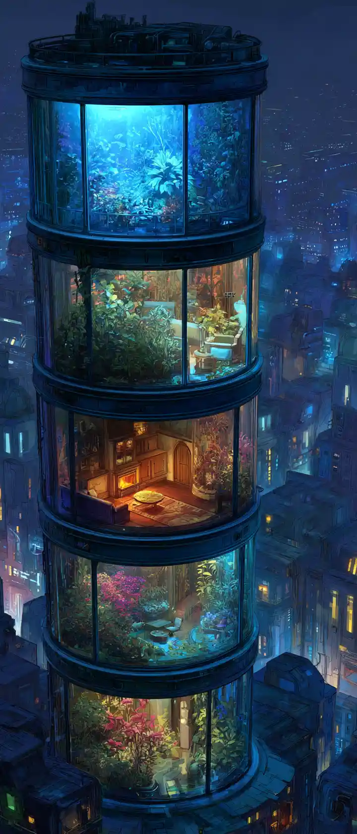 夜間發光生態系的未來感玻璃高塔
