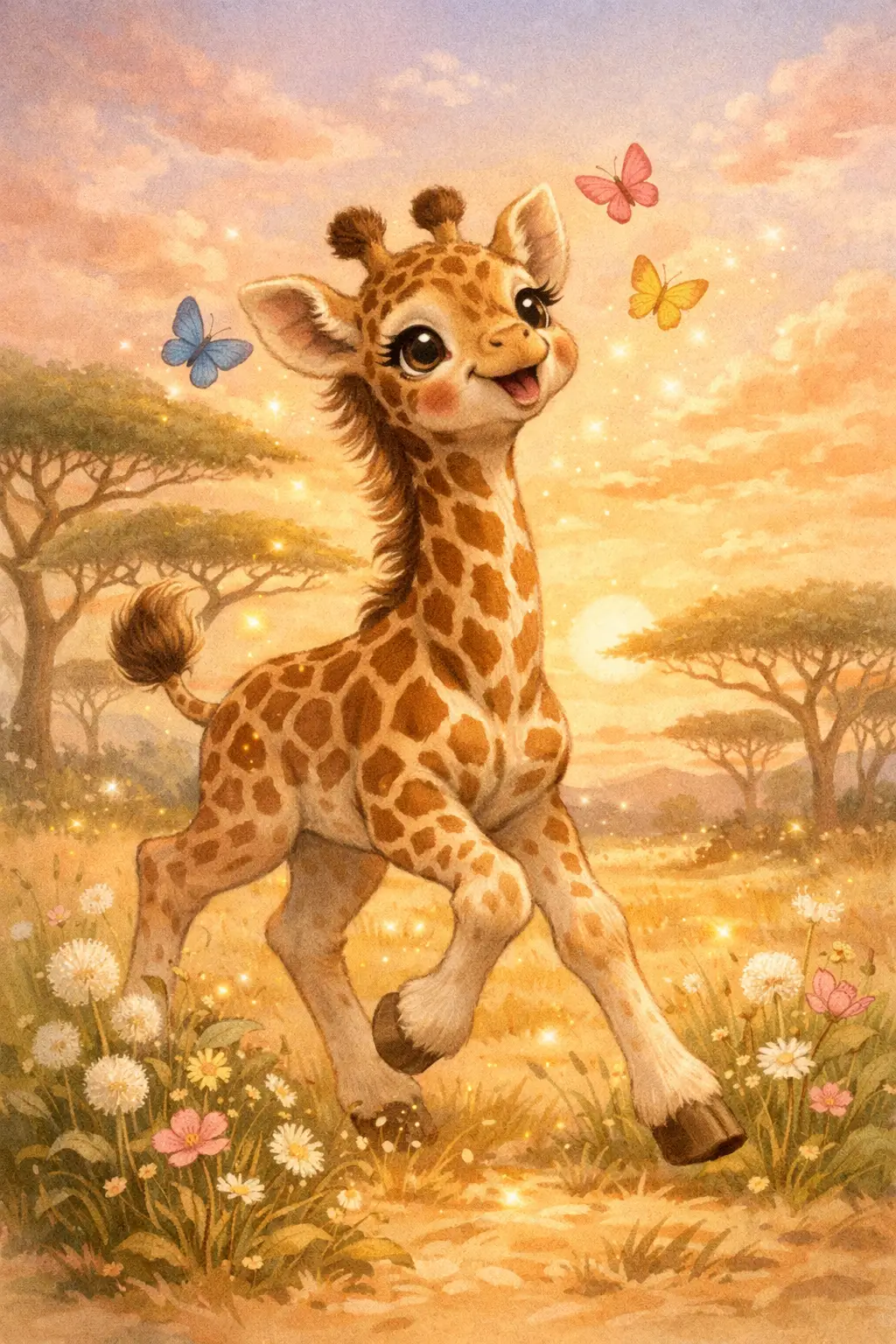 Dolce cucciolo di giraffa che esplora la savana dorata al tramonto