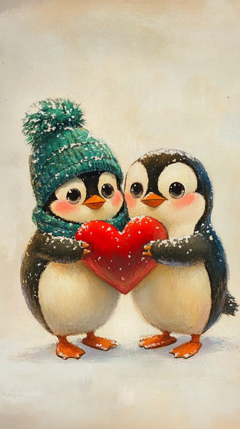 Cute cartoon penguins hugging a red heart in snow