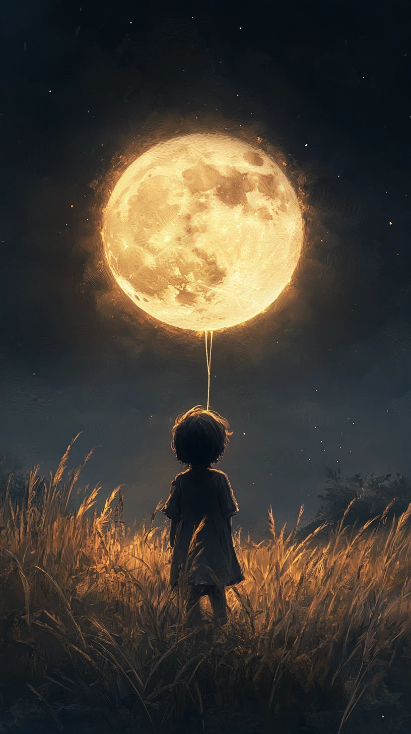 Bambino con palloncino a forma di luna luminosa in una prateria notturna