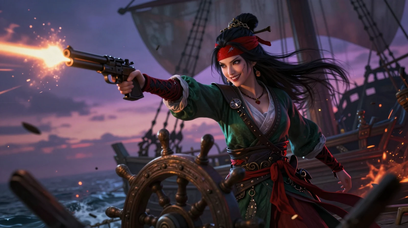 Impératrice wuxia à la barre d’un navire de guerre fantomatique