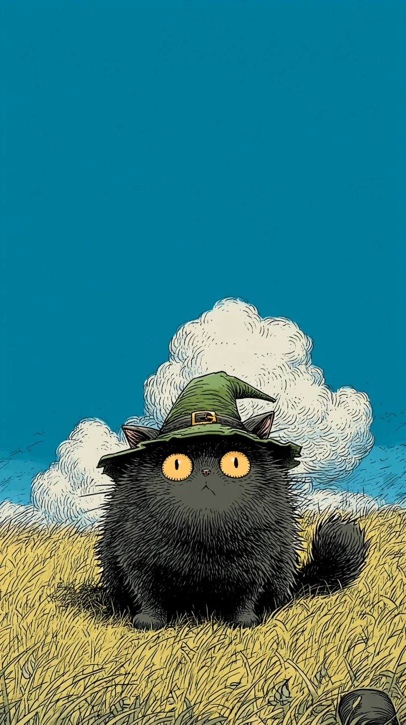 Adorable chat noir avec chapeau de sorcière dans l’herbe verte