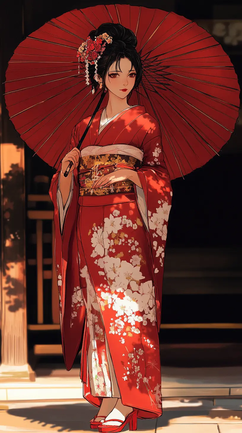 Japanese woman in red kimono with paper umbrella
