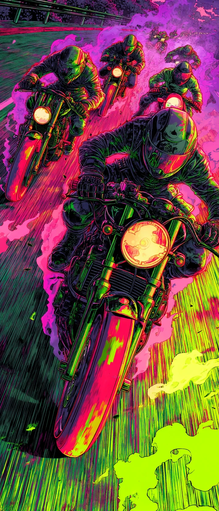 Motoqueiros de anime correndo em uma rodovia noturna neon radioativa