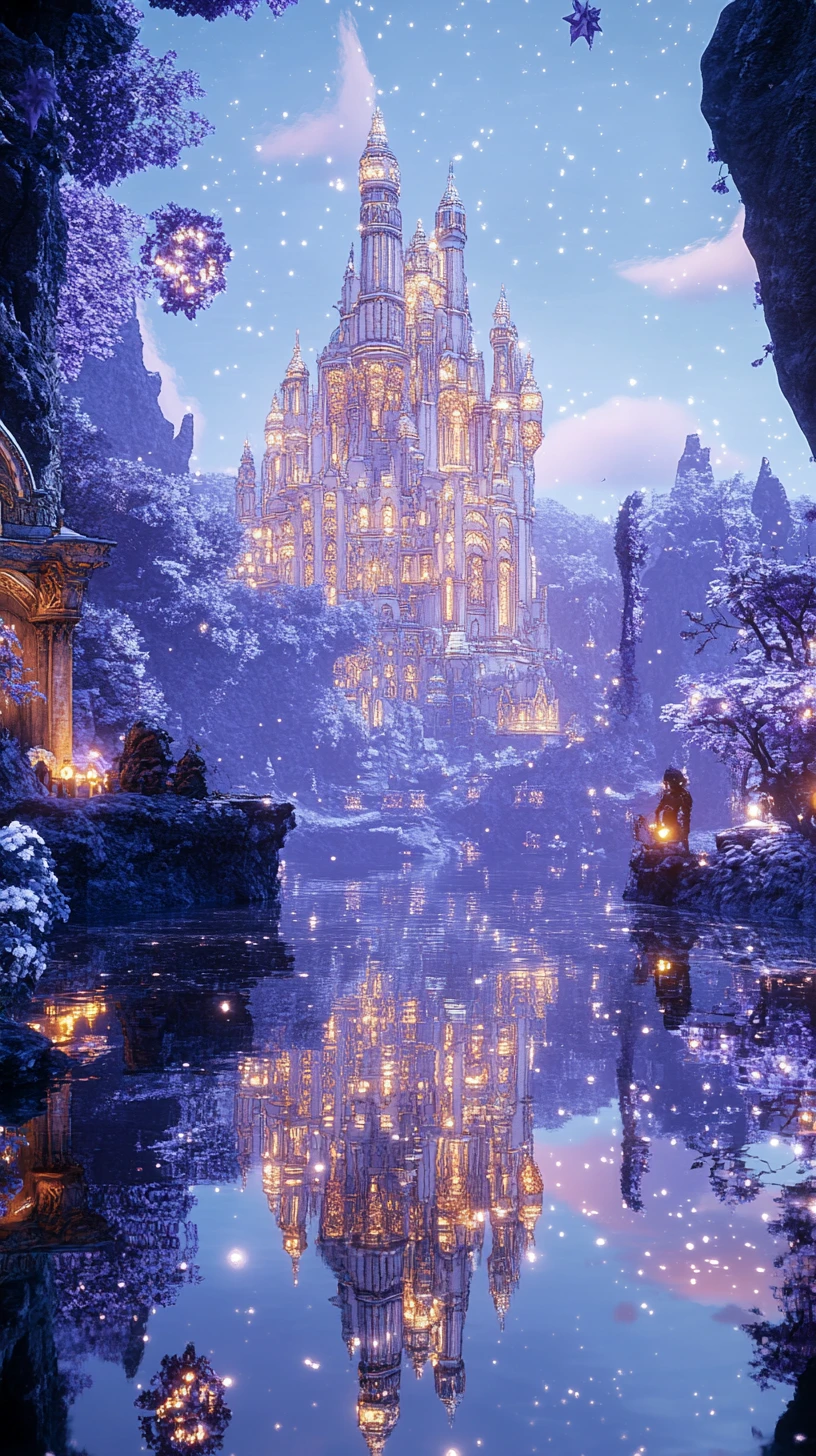 Elf by a mirror lake facing a floating marble cathedral