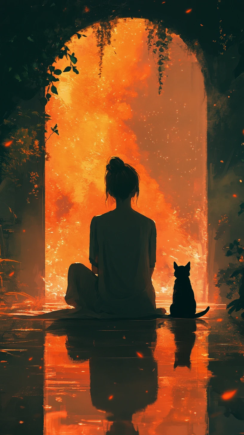 Chica y gato en silueta en interior humeante y luminoso