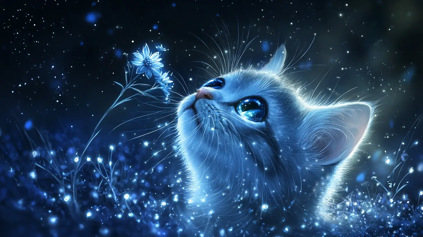 星空下捧著月光花的可愛小貓