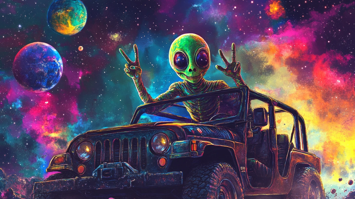 Alienígena se inclinando do jipe fazendo sinal de paz no espaço