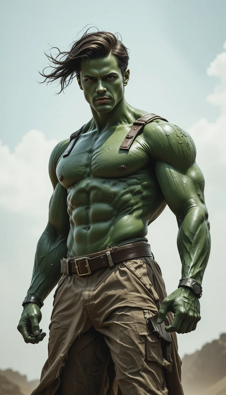 Super-herói verde em roupas rasgadas fazendo uma pose poderosa