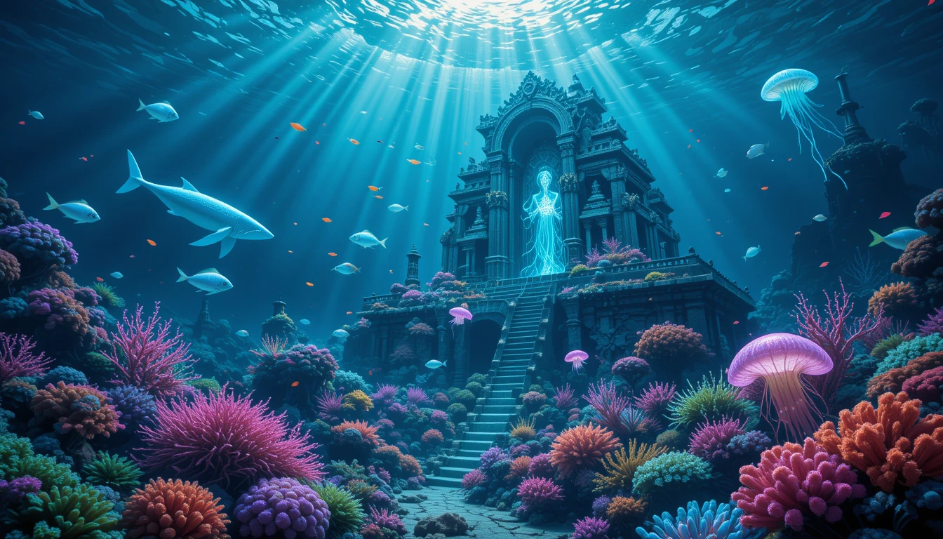 Mundo Subaquático Etéreo com Criaturas Marinhas Luminescentes