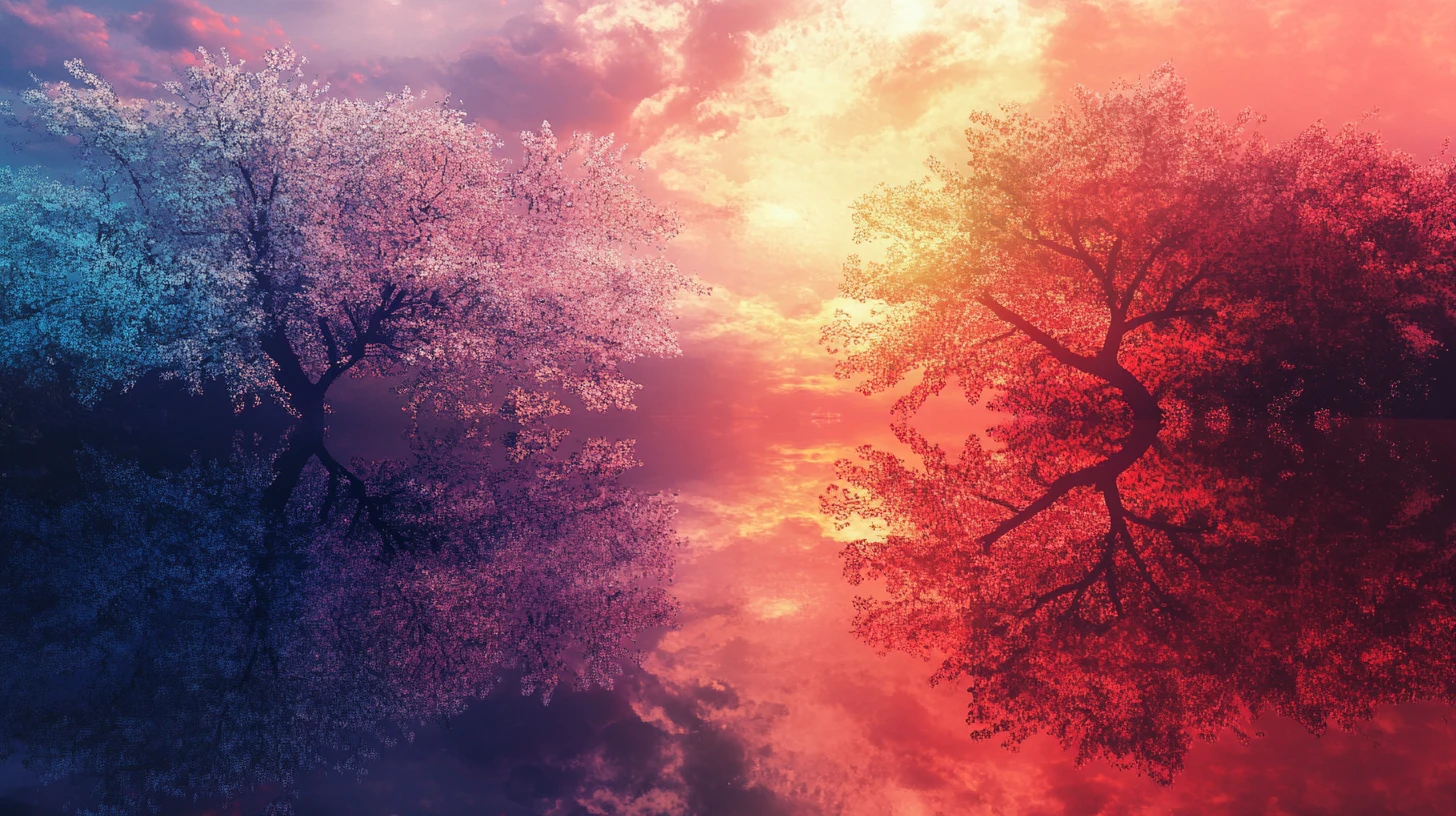 Yin yang sky blending sunrise and sunset over trees