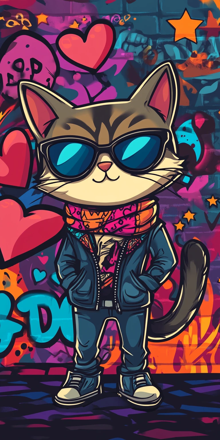 Coole Straßenkatze in Lederjacke vor Graffiti-Kulisse