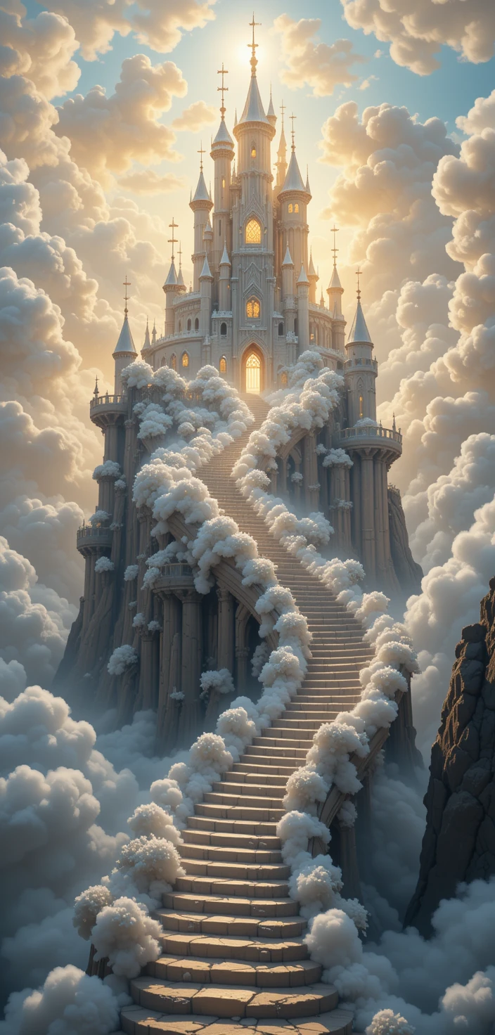 Escadaria em Espiral de Nuvens Levando a um Castelo Dourado no Céu