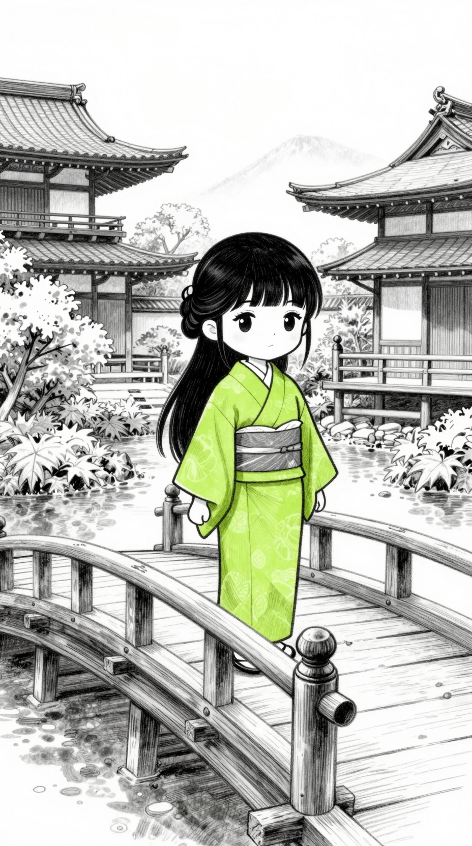 寧靜日本秋日庭園橋上的Q版少女