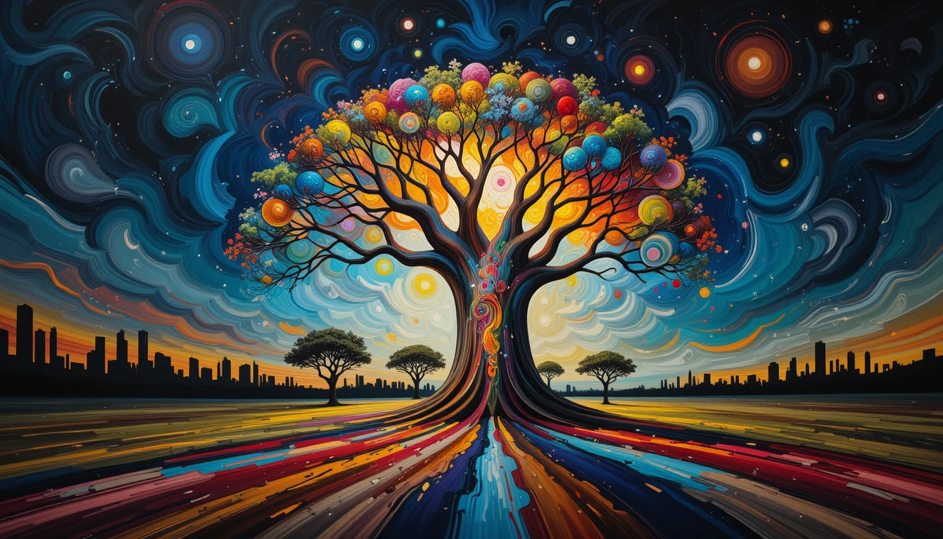 Leuchtender Baobab-Baum, der mit einem abstrakten menschlichen Gehirn verschmilzt