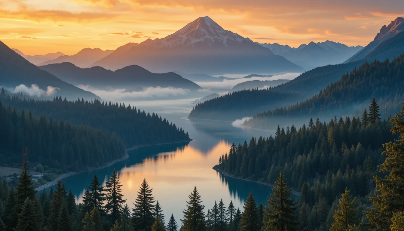 柔和暖光中日出時的寧靜山間湖景