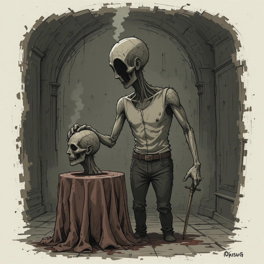 Humanoïde sans tête tenant une tête tranchée dans une illustration cartoon inquiétante