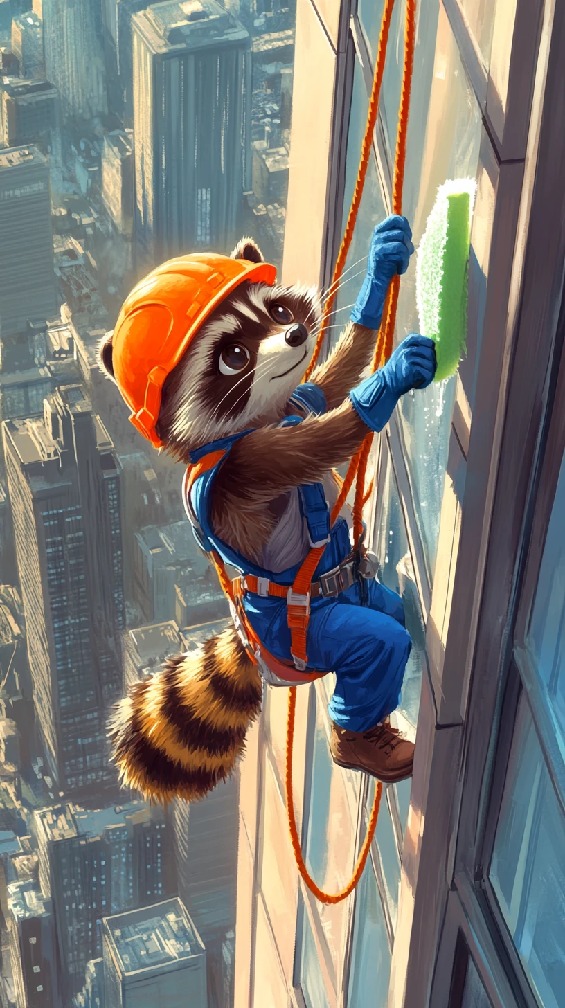 Tierno mapache limpiando ventanas con vista a una ciudad de rascacielos