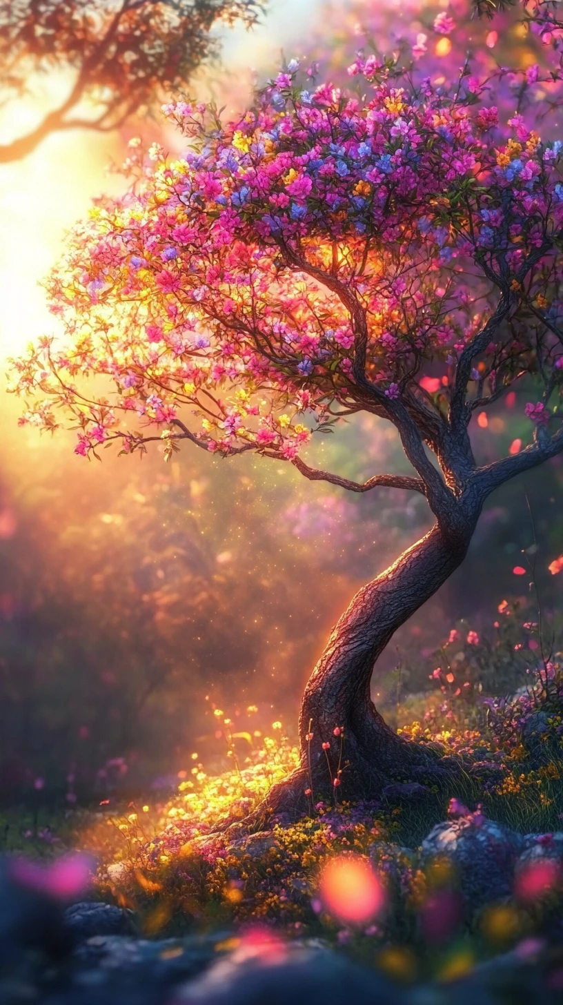 Árvore ressequida desabrochando em flores coloridas sob luz solar suave