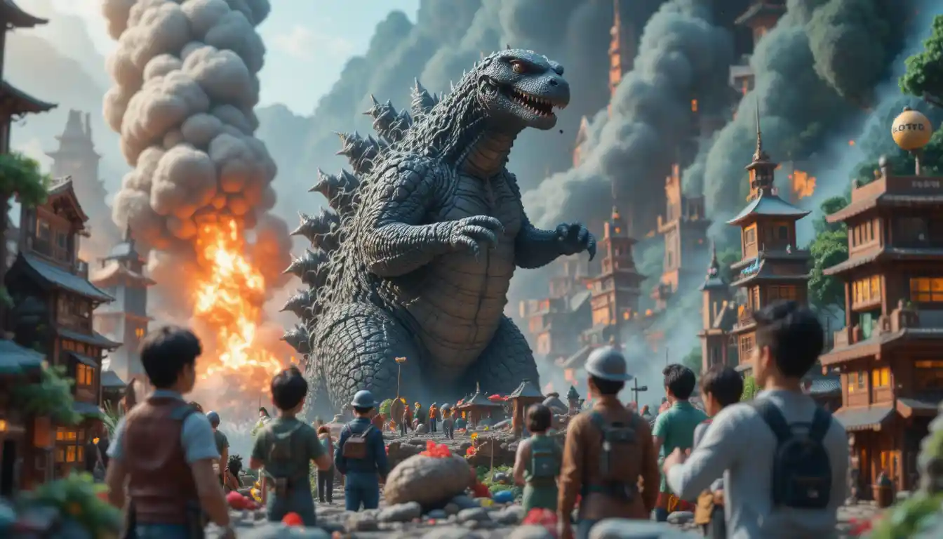 Godzilla in stile Pixar che devasta una Tokyo di argilla