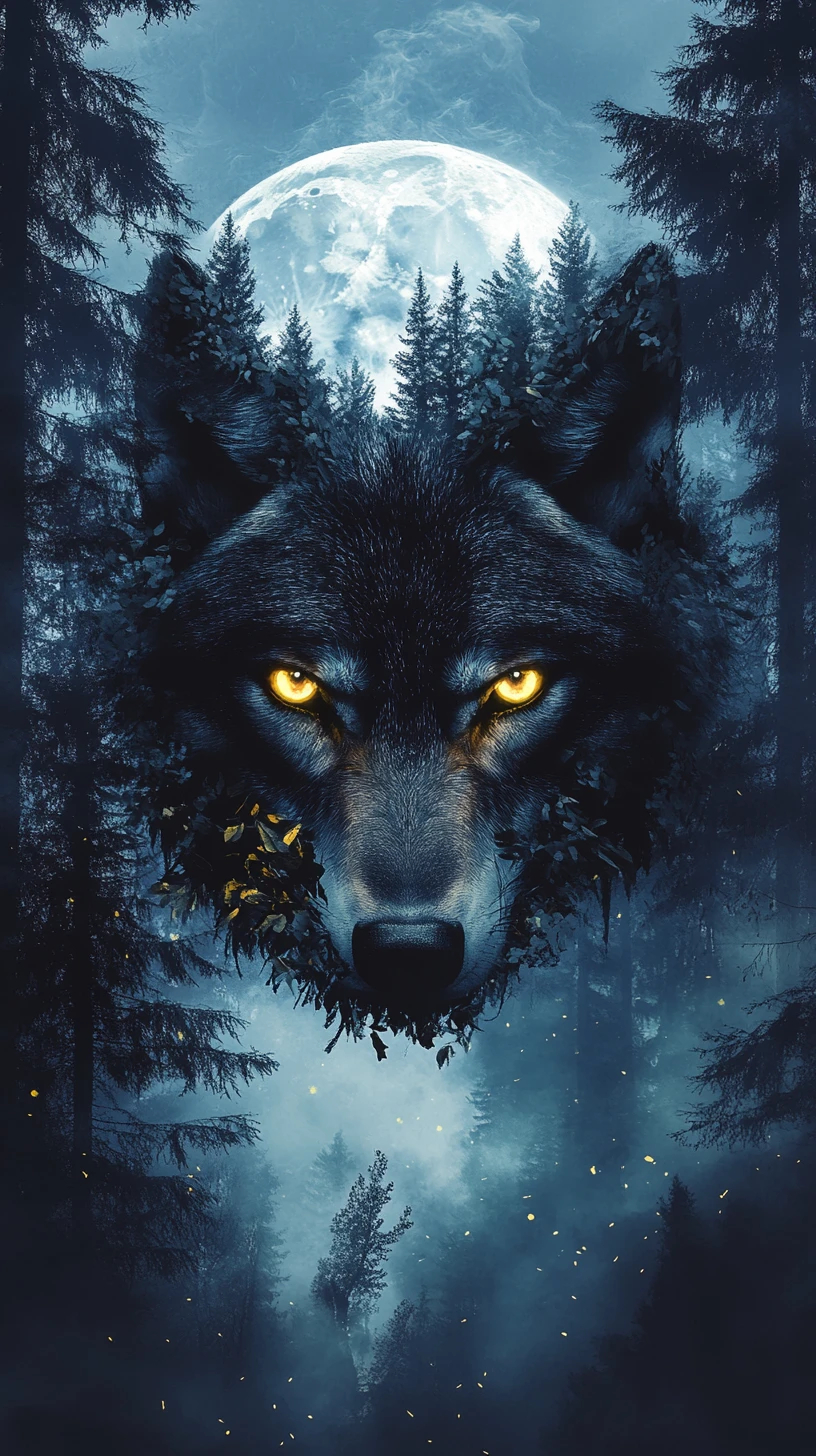 Rosto surreal de lobo emergindo de uma floresta ao luar